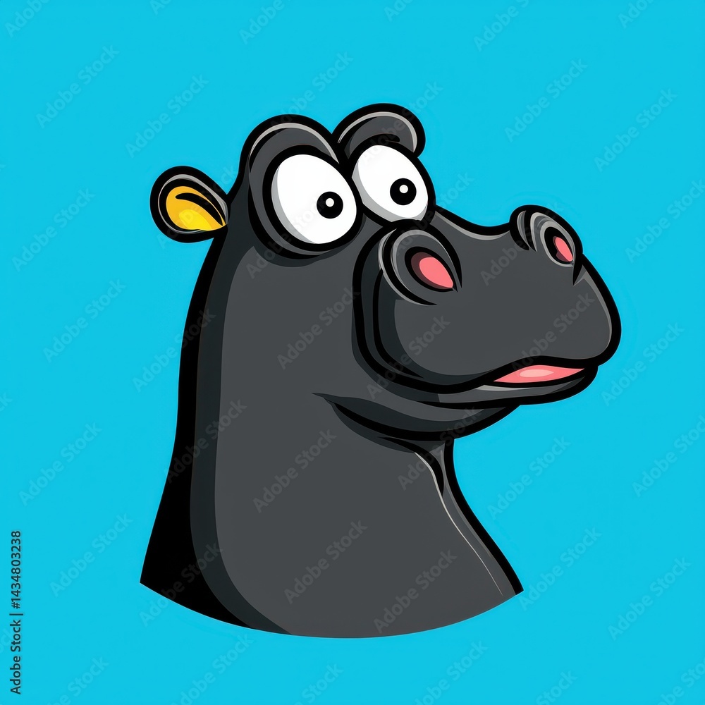 Obraz premium Cartoon hippopotamus head with large eyes and open mouth on bright blue background