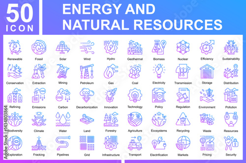 Energy and Natural Resources Icon Collection and Symple Concept Outline Gradient