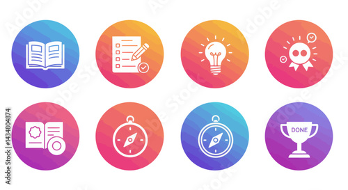 Business education and development concept with book, checklist, idea, compass, trophy icons
