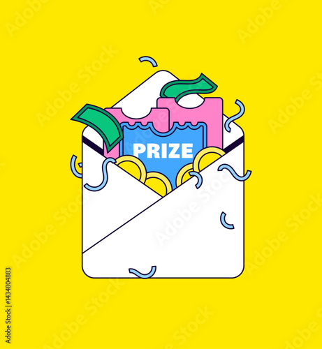Cartoon illustration vector open white envelope bursting with prize tickets, gold coins, and cash  for themes of winnings, contests, awards
