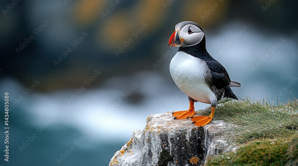 Fototapeta premium A resting arctic seabird perches gracefully on a rocky outcrop.