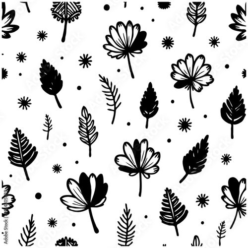 Monochrome foliage pattern with stylized elements for graphic applications
