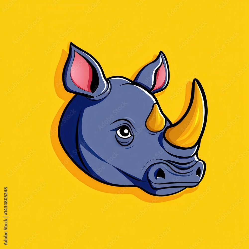 Obraz premium Cartoon illustration of a rhinoceros head with yellow and gray horns on a bright yellow background