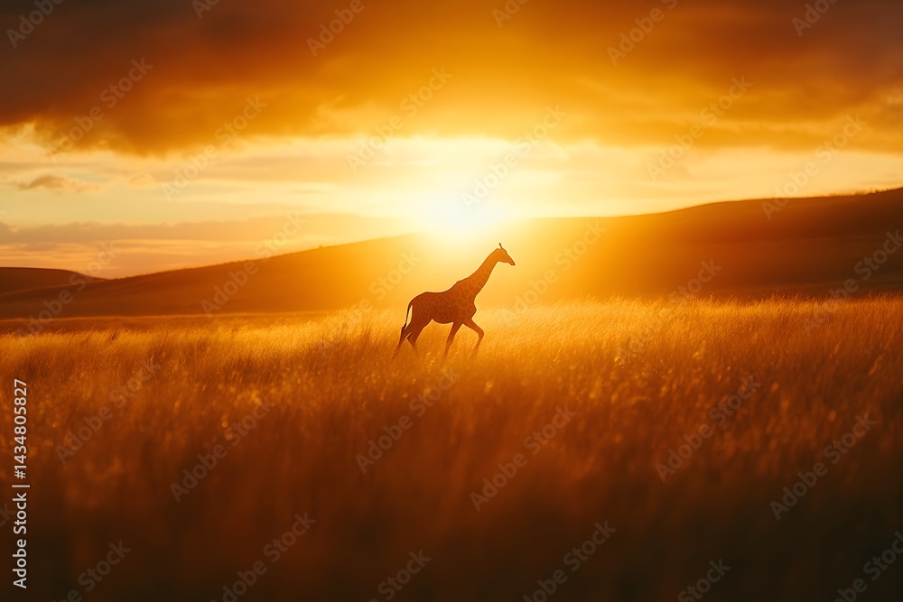 Giraffe silhouette running across a field at sunset with orange sky and distant hills view Giraffe silhouette running across a field at sunset with orange sky and distant hills view