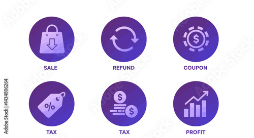 Sales refund coupon tax and profit icons on gradient background for business finance and retail concept