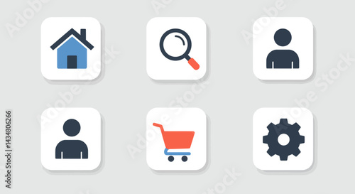 Set of Flat Design Vector Icons for User Interface Mobile and Web Applications featuring home, search, account, shopping cart, and settings
