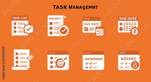 Task management vector icons set for business organization and productivity improvement showcasing task lists, priorities, due dates, reminders and assignments