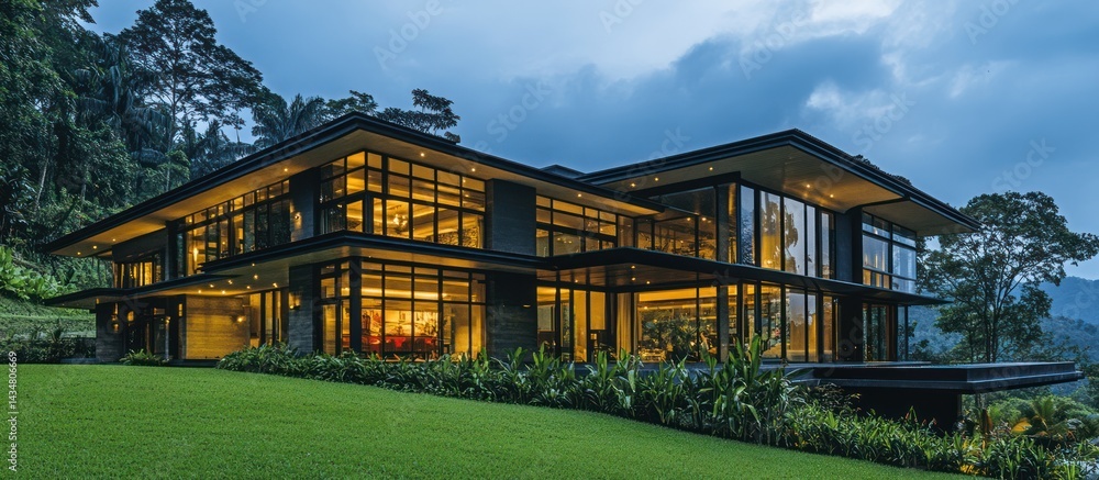 Obraz premium Luxurious Contemporary Villa Seamlessly Integrated into Lush Tropical Scenery