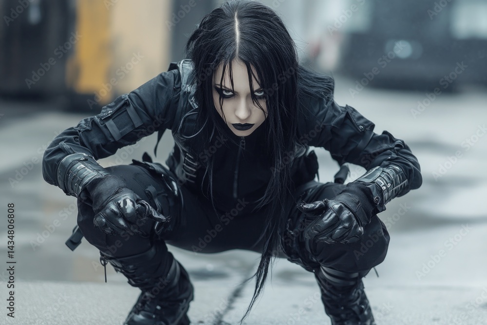 Street goth appearance: alternative wardrobe, dark sophistication, modern attitude, edgy influence, stylish expression, underground culture, bold statement, artistic vision, fashion rebellion.