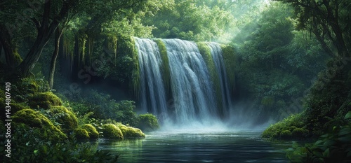 Green forest waterfall calm pond landscape nature scene