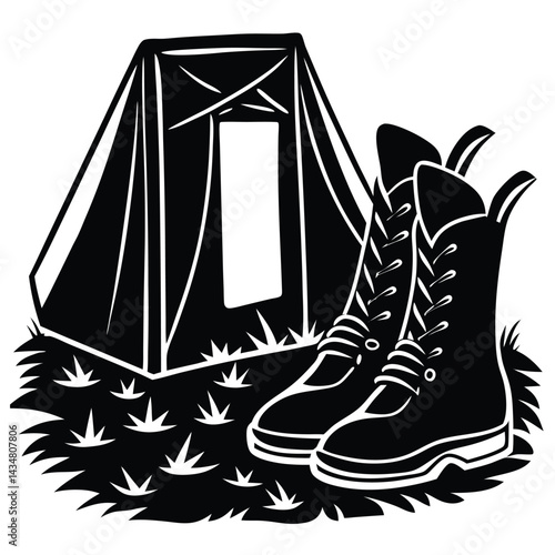 Hiking Boots & Footwear Vector silhouette Camping boots lined up beside tent door on grass surface