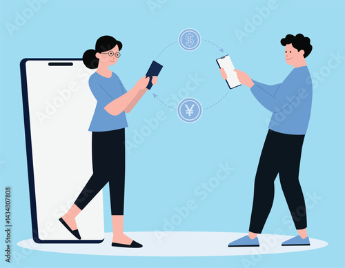 Illustration of a mobile money transfer and currency exchange vector art
