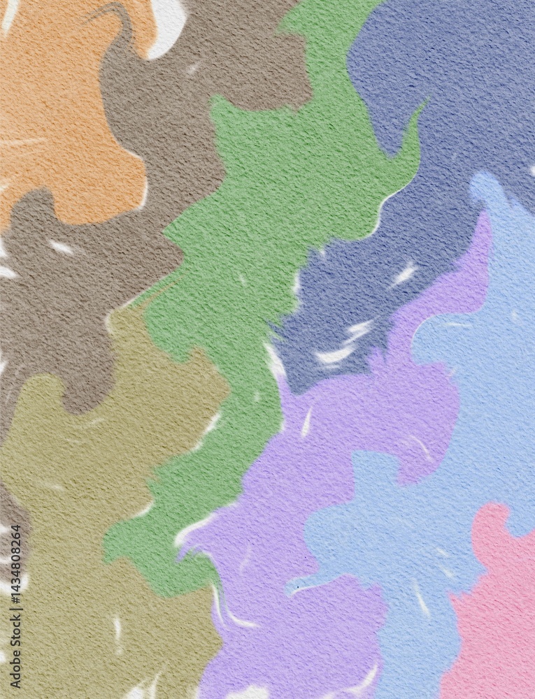 Fototapeta premium A unique abstract pattern with a watercolor texture, featuring wavy camouflage-like forms in soft earthy and pastel tones.