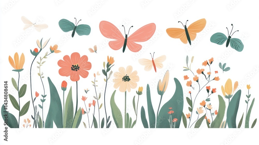 Obraz premium Butterflies flying around flowers in a garden, nature background, decoration