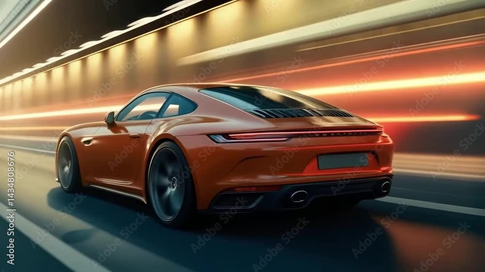 Orange Sports Car Speeds Through Illuminated Tunnel at Night Orange Sports Car Speeds Through Illuminated Tunnel at Night
