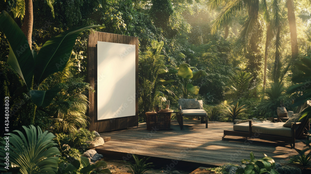 Fototapeta premium Serene outdoor relaxation area in a lush forest, featuring a blank canvas for art, surrounded by vibrant greenery