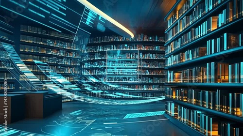 Futuristic Digital Library with Streaming Data and Bookshelves full of old literature