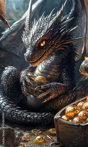 A majestic dragon guarding a treasure trove of gold coins in a mystical cave setting