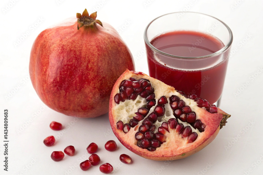 Fresh Pomegranate Fruit, Seeds, and Juice on White Background Fresh Pomegranate Fruit, Seeds, and Juice on White Background