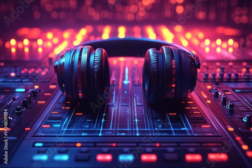 Headphones on mixing console, neon lights, music production