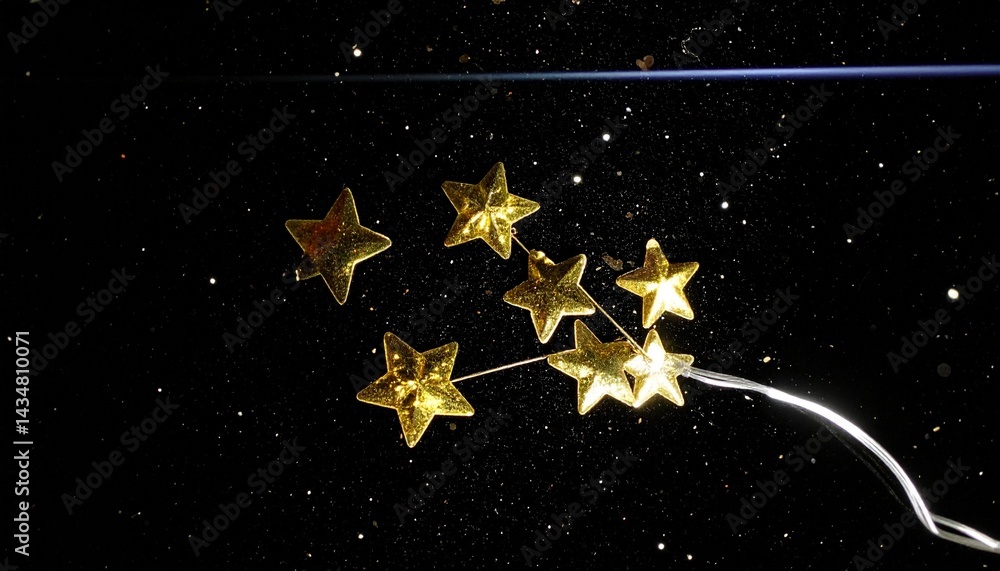 Fototapeta premium 宇宙の黒い空間に金色の星々が輝き、光の帯がそれらを繋げる、神秘的で美しい宇宙のビジュアル