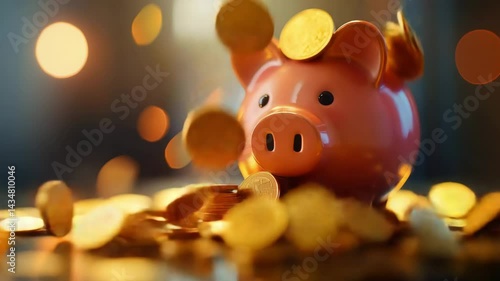 Colorful Piggy Bank Surrounded by Coins and Soft Bokeh Lights