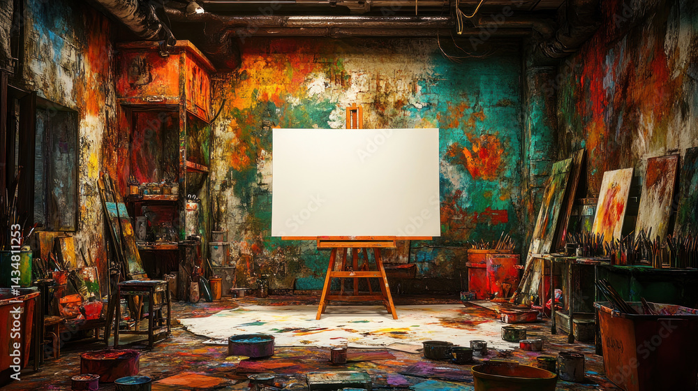 Obraz premium Vibrant artist studio filled with colorful paint splatters, empty canvas on easel, and art supplies scattered around