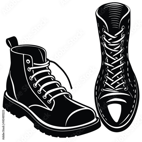 Hiking Boots & Footwear Vector silhouette Top view of one boot untied and one fully laced lifestyle vibe