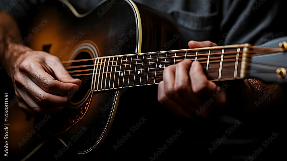 Close-up of a man's hands playing an acoustic guitar, showcasing musical passion and skill. Close-up of a man's hands playing an acoustic guitar, showcasing musical passion and skill.