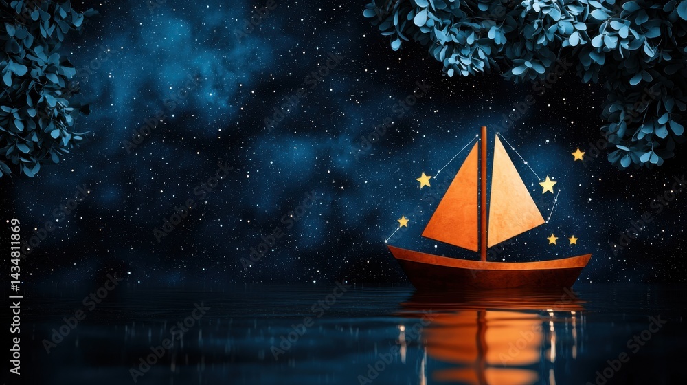 A watercolor-style boat gently sails under a sky full of twinkling stars, symbolizing dreams and journeys on tranquil waters, beautifully reflected below. A watercolor-style boat gently sails under a sky full of twinkling stars, symbolizing dreams and journeys on tranquil waters, beautifully reflected below.