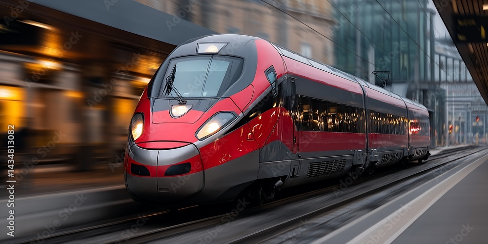 Naklejka premium High-speed train moving rapidly through a station at dusk