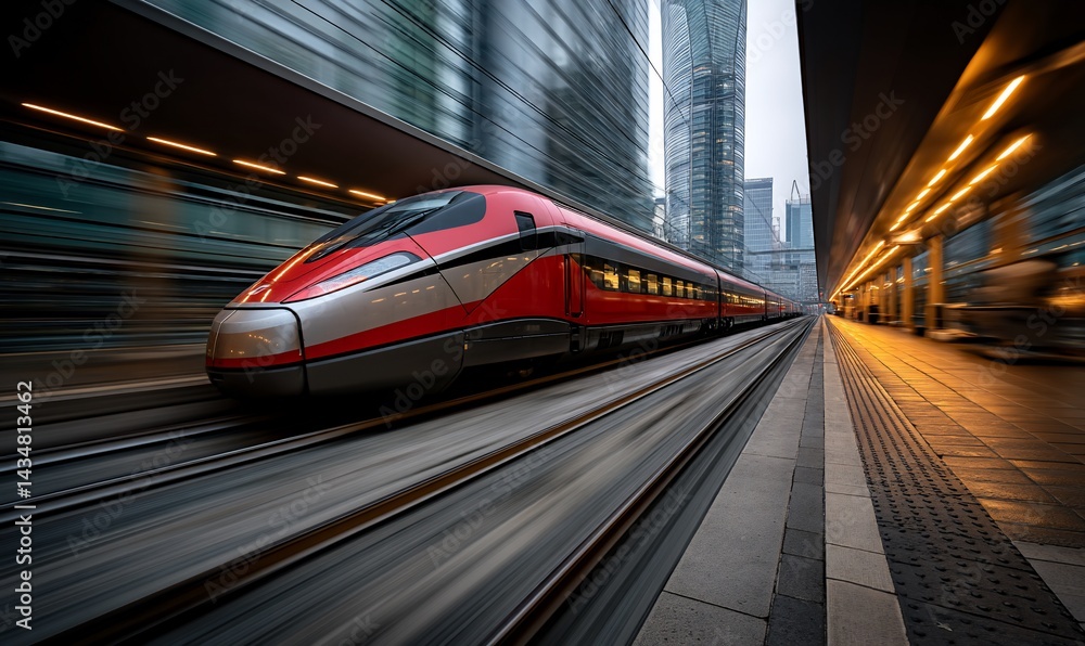 High-speed train moving swiftly through modern city station High-speed train moving swiftly through modern city station