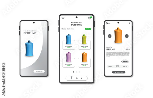 Application for buying perfume. Collection of online perfume shop interface templates. Responsive GUI for mobile applications. Vector illustration