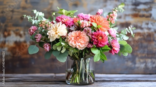 Wallpaper Mural A vibrant bouquet of dahlias, roses, and greenery in a clear vase. Torontodigital.ca