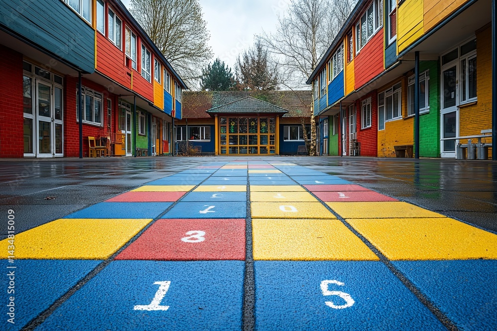 Fototapeta premium A colorful schoolyard with a hopscotch game on wet pavement