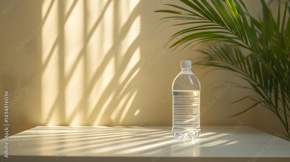 Refreshing still life of a plastic water bottle bathed in sunlight next to a lush houseplant, casting beautiful shadows on a minimalist surface. Refreshing still life of a plastic water bottle bathed in sunlight next to a lush houseplant, casting beautiful shadows on a minimalist surface.