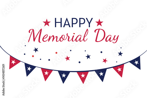 Happy Memorial Day Banner with Red and Blue Garland Stars on White Background Vector 