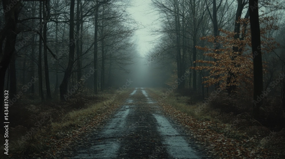 Naklejka premium Misty Forest Path Autumn Road Foggy Woodland Fall Leaves