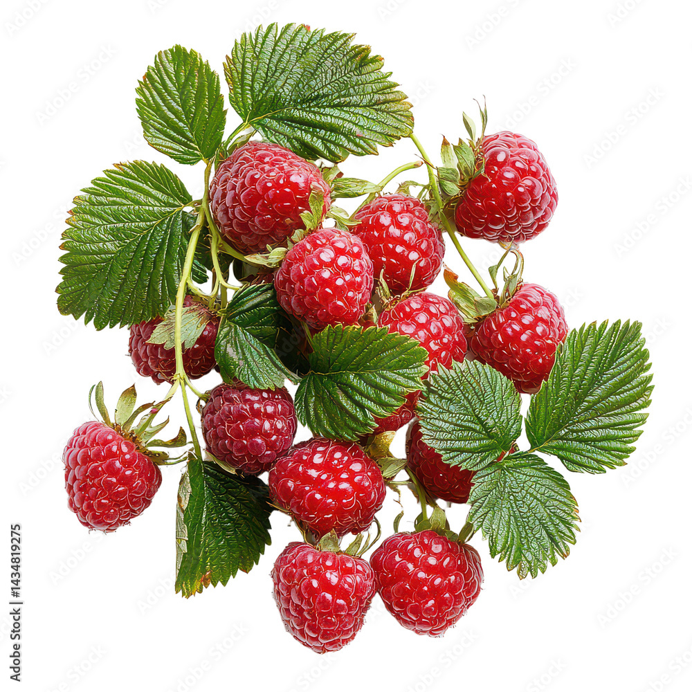 Fresh ripe raspberries on a branch with green leaves isolated on transparent background Fresh ripe raspberries on a branch with green leaves isolated on transparent background