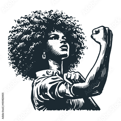 Curly-haired black woman. Black white vector illustration.