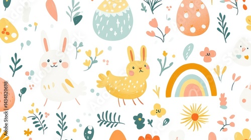 Easter themed pattern background with eggs, rabbits, rainbow and flower illustrations