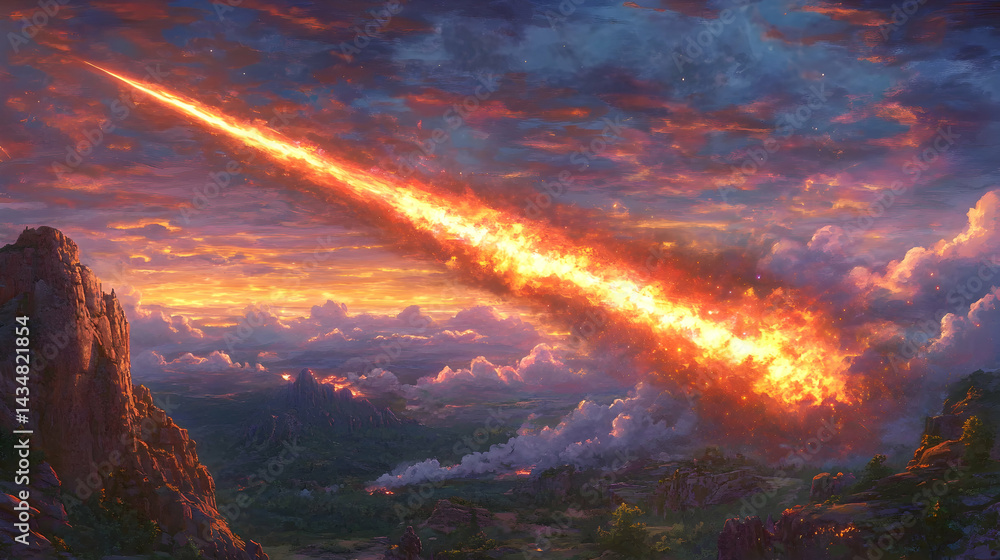 Fiery meteor streaking across a dramatic sunset sky, illuminating a mountainous landscape. A breathtaking scene of celestial fire and earthly grandeur. Fiery meteor streaking across a dramatic sunset sky, illuminating a mountainous landscape. A breathtaking scene of celestial fire and earthly grandeur.