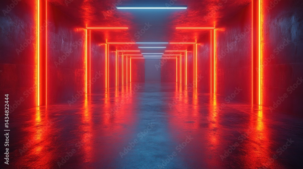 Naklejka premium Neon Lights Corridor: Red and Blue Glowing Passageway