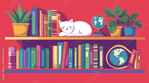 Sleeping cat on bookshelf with books plants globes illustration cozy home scene