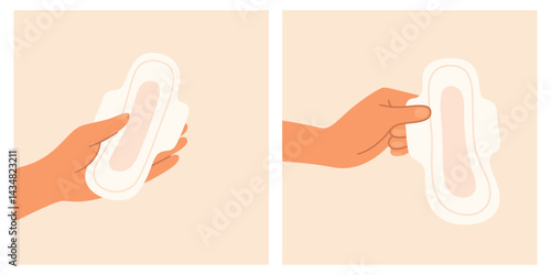 Vector Sanitary Pad Held In Hand Showing Feminine Hygiene Pad for Menstrual Cycle, Vector Illustration. Flat Cartoon Pad Design Template for Period Education and Personal Care Concept