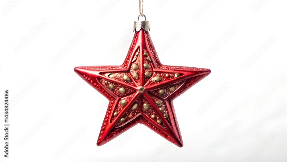 Red star-shaped Christmas ornament hanging on white background for holiday decoration. Red star-shaped Christmas ornament hanging on white background for holiday decoration.