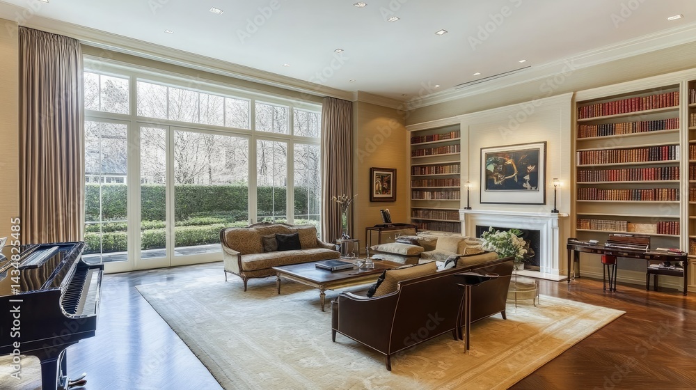 Two couches in a home library, soft tones throughout and open shelving on every wall. Two couches in a home library, soft tones throughout and open shelving on every wall.