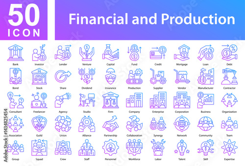 Financial Production  Icon Collection and Symple Concept Outline Gradient