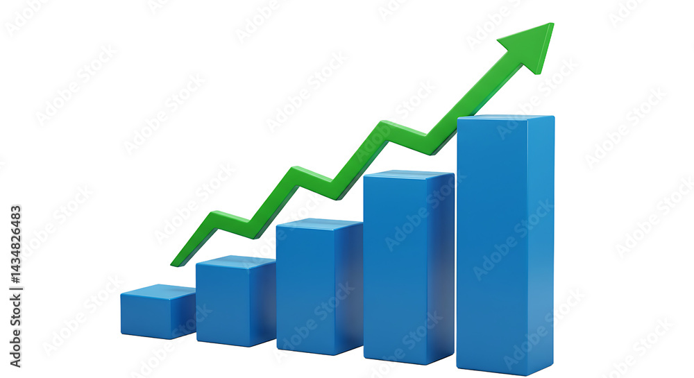 Blue bar graph with a green arrow pointing upward indicating growth and positive trend success 3d Blue bar graph with a green arrow pointing upward indicating growth and positive trend success 3d