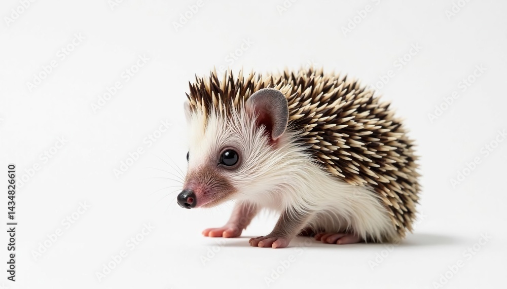 Naklejka premium Tiny hedgehog on pure white background, curled in ball , image, macro photography, small